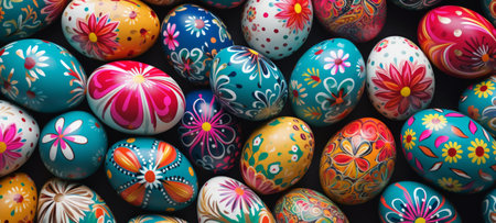Collection of decorated Easter eggs in rich colors on a dark background. Can be used for holiday-themed graphics, print media, and seasonal decorations. Top view. Festive background. Copy spaceの素材