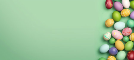 Assortment of colorful Easter eggs on a light green background. Perfect for use in seasonal promotions, festive Easter content, and holiday invitations. Top view. Banner with copy spaceの素材