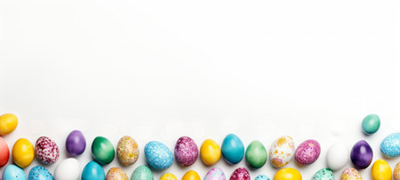 Top view of multicolored Easter eggs creating a border on a white surface, leaving ample copy space. Perfect for festive social media content, print advertisements. Festive backdrop. Bannerの素材