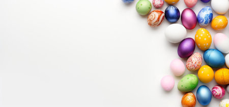 A variety of hand-painted Easter eggs against a white backdrop. Ideal for springtime marketing and holiday-themed graphic design. Top view. Banner with copy spaceの素材