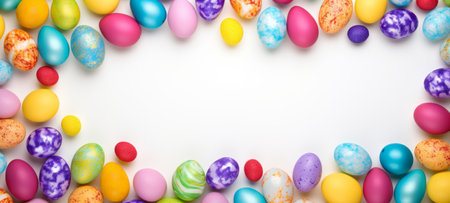 Colorful Easter eggs on a white background. Suitable for spring event announcements and holiday marketing. Represents Easter elegance. Top view. Banner with copy spaceの素材