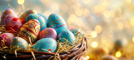 A wicker basket filled with richly decorated Easter eggs against a bokeh light background. Banner with copy space. Ideal for festive advertisements and seasonal event decorations. Easter traditionsの素材