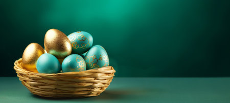 Gold and Teal Easter eggs in basket, set before rich green background. Banner with copy space. For refined Easter event promotions and high-end springtime decor, symbolizing affluence and festivityの素材