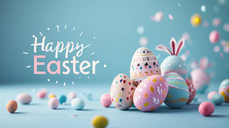 Easter-themed image with pastel-colored eggs and Happy Easter text. On light blur background. Banner. Suitable for greeting cards or holiday marketingの素材