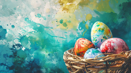 Watercolor Easter illustration with painted Easter eggs in basket on aquarelle emerald yellow background. Banner with copy space. Ideal for springtime promotions, greeting cards, event announcements.の素材