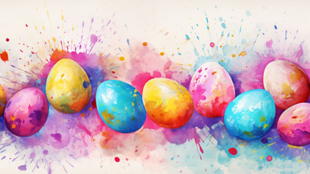 Easter eggs in a burst of watercolor splashes, showcasing a festive explosion of colors. Ideal for springtime promotions, holiday greeting cards, and seasonal event announcements. Illustrationの素材