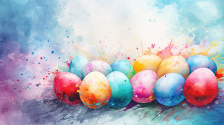 A vibrant watercolor Easter eggs with vivid splashes of color on aquarelle background. Ideal for springtime promotions, holiday greeting cards, and seasonal event announcements. Illustrationの素材
