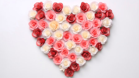 Floral Heart. Pink, red and white roses arranged in a heart shape on a white background. Ideal for Valentines Day, anniversaries, or romantic occasions.の素材