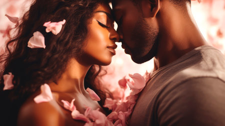 African American Couple in tender embrace surrounded by falling pink rose petals. Romantic moment. Ideal as postcard for Valentines Day, wedding, love story themes. Concept of passion and tendernessの素材