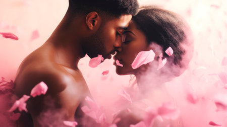 African American Couple in a tender embrace surrounded by falling pink rose petals. Romantic moment. Ideal as postcard for Valentines Day, wedding, love story theme. Concept of passion and tendernessの素材