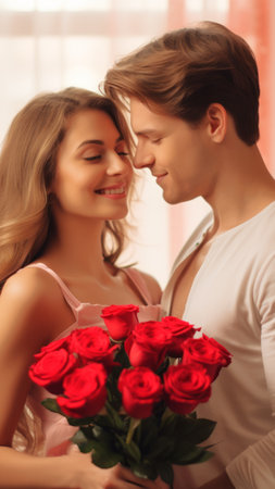 A couple in love hugs and holds a bouquet of flowers. On light pink blurred background. Suitable for romantic or Valentines themed content. Vertical formatの素材
