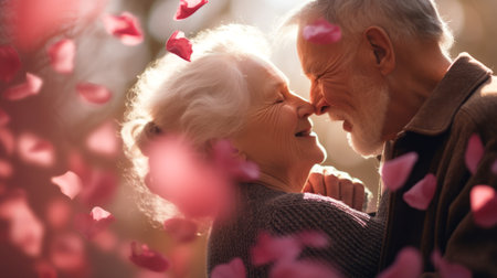 Affectionate elderly couple shares heartfelt kiss amidst a soft background of rose petals, evoking everlasting love. Ideal for greeting cards and sentimental themes. Valentines dayの素材