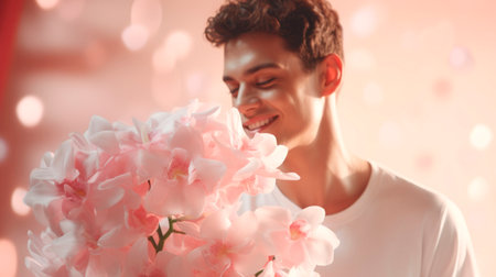 Young handsome man holds bouquet of pink roses on blurred background with a bokeh. Banner with copy space. Perfect for greeting cards or Valentines Day promotions, symbolizing love and affection.の素材