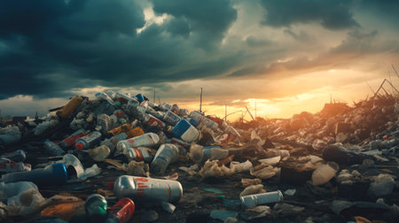 A large pile of garbage and discarded items under a stormy sky. Landfill with cans, bottles, and other trash. Perfect for waste management, environmental or pollution-related contentの素材