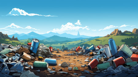 Illustration of large pile of garbage and discarded items under a sky. A landfill with cans, bottles, and other trash. Ideal for waste management, environmental or pollution-related contentの素材