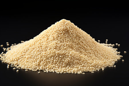 White sesame seeds in a heap, isolated on a black background, ideal for culinary and food concepts.の素材