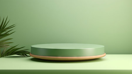 Podium for product presentation with green leaves. Stage for showcase. Mockup. With copy space. Empty illuminated with light green lights platform with modern design.の素材