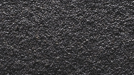 Top view of Black sesame seeds. Background texture of raw Black sesame seeds. Superfood. Copy space. Banner. Ideal for culinary and food concepts.の素材