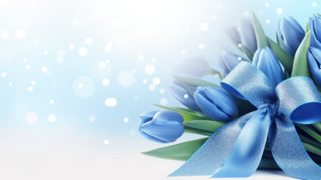 Blue tulips bouquet with ribbon bow on light background with bokeh. Banner with copy space. Ideal for poster, greeting card, event invitation, promotion, advertising, print, elegant design.の素材