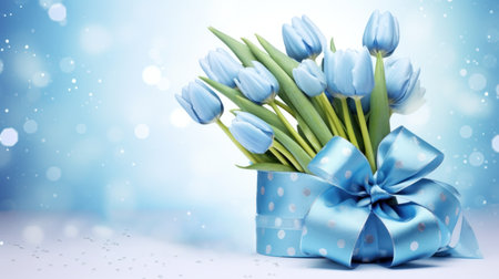 Blue tulips bouquet with ribbon bow on light background with bokeh. Banner with copy space. Ideal for poster, greeting card, event invitation, promotion, advertising, print, elegant design.の素材