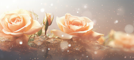 Peach roses bouquet on light background with glitter and bokeh. Banner with copy space. Ideal for poster, greeting card, event invitation, promotion, advertising, print, elegant designの素材