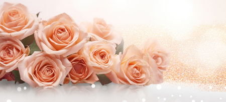 Peach roses bouquet on light background with glitter and bokeh. Banner with copy space. Perfect for poster, greeting card, event invitation, promotion, advertising, print, elegant designの素材