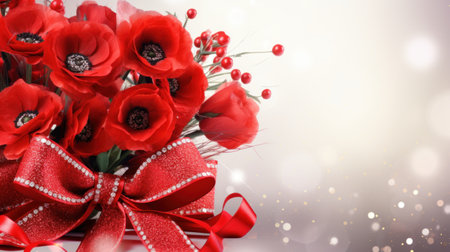 Red poppies bouquet on a light background with glitter and bokeh. Banner with copy space. Ideal for poster, banner, greeting card, event invitation, promotion, advertising, print, elegant designの素材
