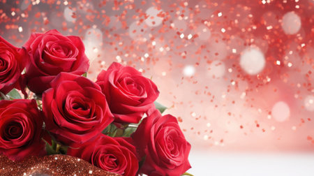 Red roses bouquet on light background with glitter and bokeh. Banner with copy space. Perfect for poster, greeting card, event invitation, promotion, advertising, print, elegant designの素材