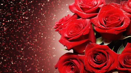 Red roses bouquet on a dark background with glitter and bokeh. Banner with copy space. Perfect for poster, greeting card, event invitation, promotion, advertising, print, elegant designの素材