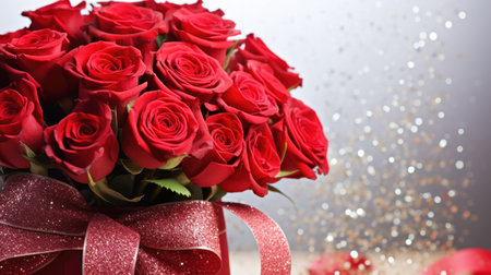 Red roses bouquet on a light background with glitter and bokeh. Banner with copy space. Perfect for poster, greeting card, event invitation, promotion, advertising, print, elegant design.の素材