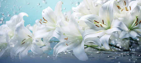 White lilies bouquet under light blue clear water with bubbles and droplets. Banner with copy space. Perfect for poster, greeting card, event invitation, promotion, advertising, print, elegant design.の素材