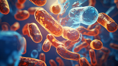 Mitochondria within a cell. The image displays a close-up view with detailed textures. It's suitable for educational use and illustrates cellular biology concepts.の素材