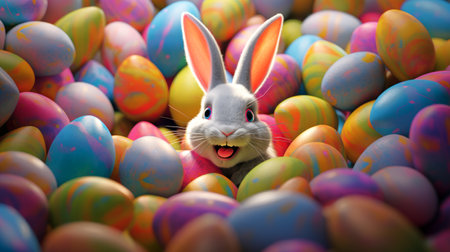 White rabbit with wide smile, surrounded by vibrant Easter eggs. Ideal for childrens books and Easter Sunday merchandise. Easter bunny. For greeting card, invitation. postcard, poster, web design.の素材