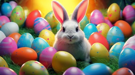 White Easter bunny surrounded by many colorful brightly painted eggs. Festive Rabbit. For greeting card, invitation, postcard, poster, web design. Ideal for Easter celebrations.の素材