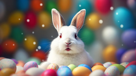 White rabbit with a surprised expression among colorful Easter eggs. Ideal for holiday-themed promotions and spring event decorations. Easter bunnyの素材