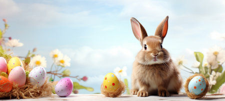 Rabbit surrounded by colorful Easter eggs. Festive bunny. Banner with copy space. For greeting card, invitation. postcard, poster, web design. Ideal for Easter celebrations and seasonal marketingの素材