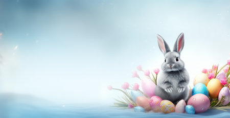 Rabbit surrounded by colorful Easter eggs. Festive bunny. Banner with copy space. For greeting card, invitation. postcard, poster, web design. Ideal for Easter celebrations. Blue backgroundの素材
