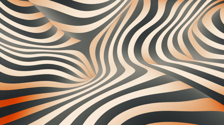 Abstract wavy lines in shades of black, white, and orange create an optical illusion. This image is suitable for backgrounds and visual effects. Optical illusion background.の素材