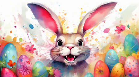 Watercolor illustration of happy Easter bunny with many colorful brightly painted eggs. Festive Rabbit. For greeting card, invitation. postcard, poster, web design. Ideal for Easter celebrationの素材