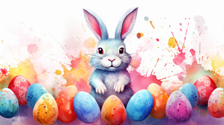Watercolor illustration of a happy Easter bunny with many colorful brightly painted eggs. Festive Rabbit. For greeting card, invitation. postcard, poster, web design. Ideal for Easter celebrationの素材