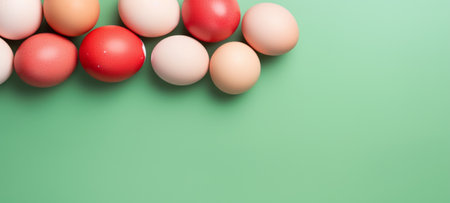 Red and cream-colored eggs presented on a fresh green surface create a vibrant contrast. Perfect for spring-themed designs and Easter event advertisements. Banner with copy space. Top viewの素材