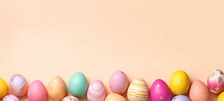 A row of vibrantly colored Easter eggs on a soft peach background with space for text. Suitable for Easter holiday promotions and spring event announcements. Bannerの素材