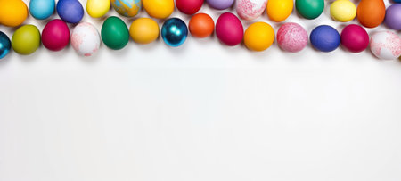 Top view of multicolored Easter eggs creating a border on a white background, leaving ample copy space. Perfect for festive social media content, print advertisements. Festive backdrop. Bannerの素材