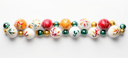 Variety of hand-painted Easter eggs, decorated with intricate patterns and vivid colors. On white background. With copy space. Ideal for seasonal advertising and craft blogs.の素材