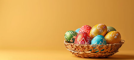 Colorful Easter eggs with intricate designs in rustic basket on warm orange background. Suitable for spring holiday marketing and festive decoration visuals. Easter traditions. Banner with copy space.の素材