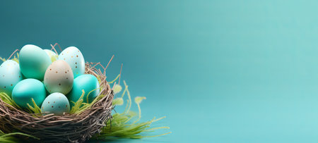 Hand-painted Easter eggs in a natural basket, on a blue background. Perfect for seasonal advertising, greeting cards, and holiday craft ideas. Banner with copy space. Easter family traditions.の素材