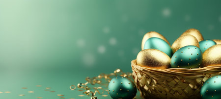 Golden and teal Easter eggs in wicker basket against dark green background. Banner with copy space. Perfect for elegant Easter themes and upscale holiday marketing, highlighting luxury and tradition.の素材