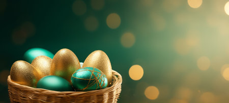 Emerald and gold Easter eggs in wicker basket on dark green background. Banner with copy space. Perfect for elegant Easter themes and upscale holiday marketing, highlighting luxury and tradition.の素材