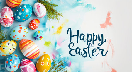 Colorful Easter eggs on a watercolor background with Happy Easter text. Banner. Ideal for seasonal greetings or holiday promotions.の素材