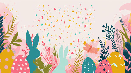Pastel Easter composition with bunny silhouettes and egg shapes amidst abstract florals. Banner with copy space. Perfect for Easter greeting cards and seasonal decor. Illustrationの素材